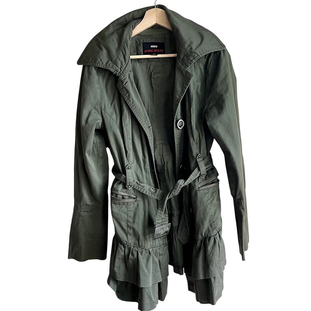 Miss Sixty longline green jean jacket steampunk grunge belted women's S cotton